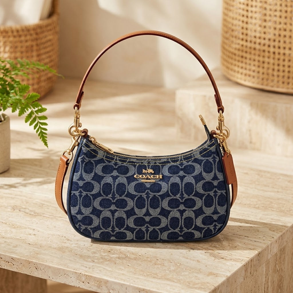 COACH CAF82 Teri Shoulder Crossbody Bag Signature Denim Blue Shoulder Strap NEW
