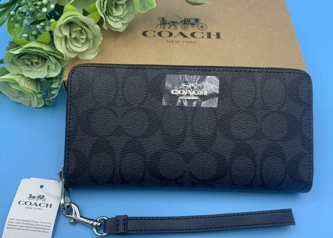 COACH C4452 Signature Long Wallet Round Zip PVC Canvas Leather Black Dark Gray
