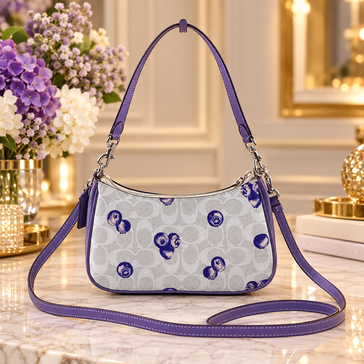 COACH CR292 Teri 2Way Shoulder Crossbody Bag Blueberry Print Signature Canvas