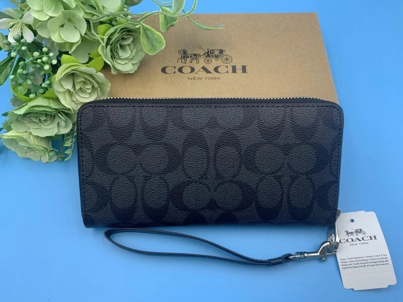 COACH C4452 Signature Long Wallet Round Zip PVC Canvas Leather Black Dark Gray