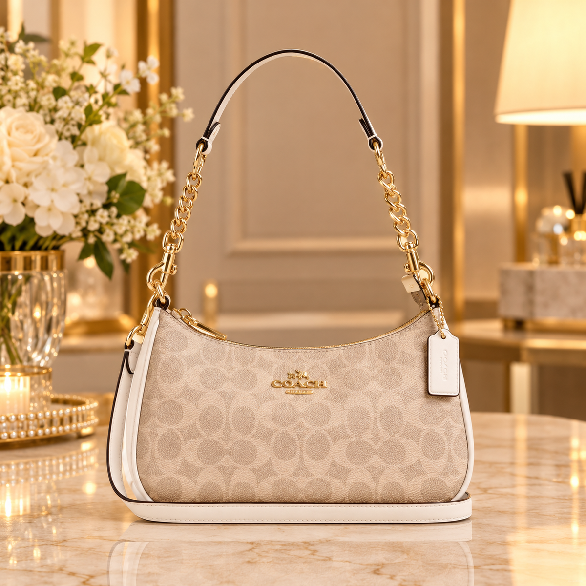 Coach NWT Teri Shoulder Bag In Signature Canvas CV933 Gold/Sand/Chalk