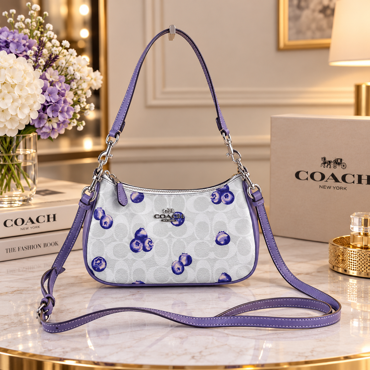 COACH CR292 Teri 2Way Shoulder Crossbody Bag Blueberry Print Signature Canvas
