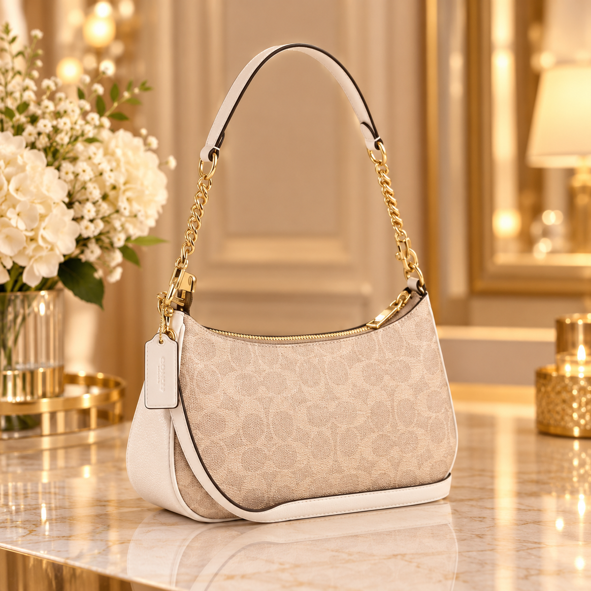 Coach NWT Teri Shoulder Bag In Signature Canvas CV933 Gold/Sand/Chalk