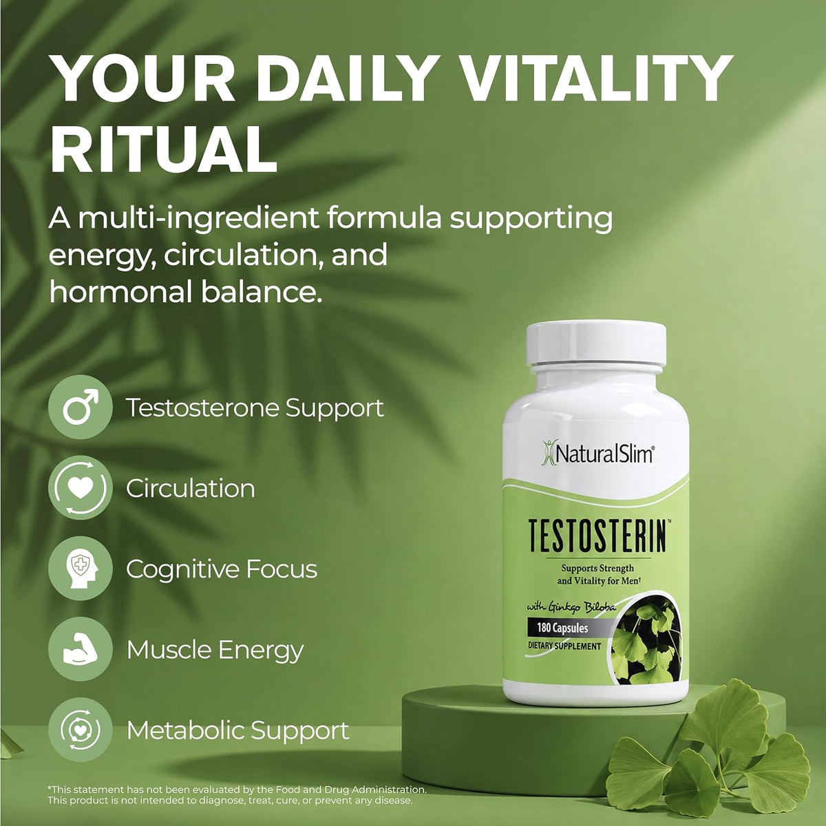 NaturalSlim Testosterone Booster for Men with Ginkgo, 180 Capsules
