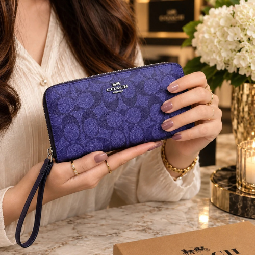 COACH Long Round Zip Wallet with Strap Purple Signature C4452 outlet US