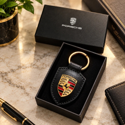 Porsche Crest Leather Keychain Black 2026 Design – Genuine Leather Luxury Car
