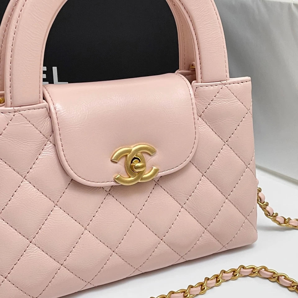 CHANEL Kelly Mini Shopping Pink Shiny Calfskin Quilted Handbag Crossbody Bag 23K