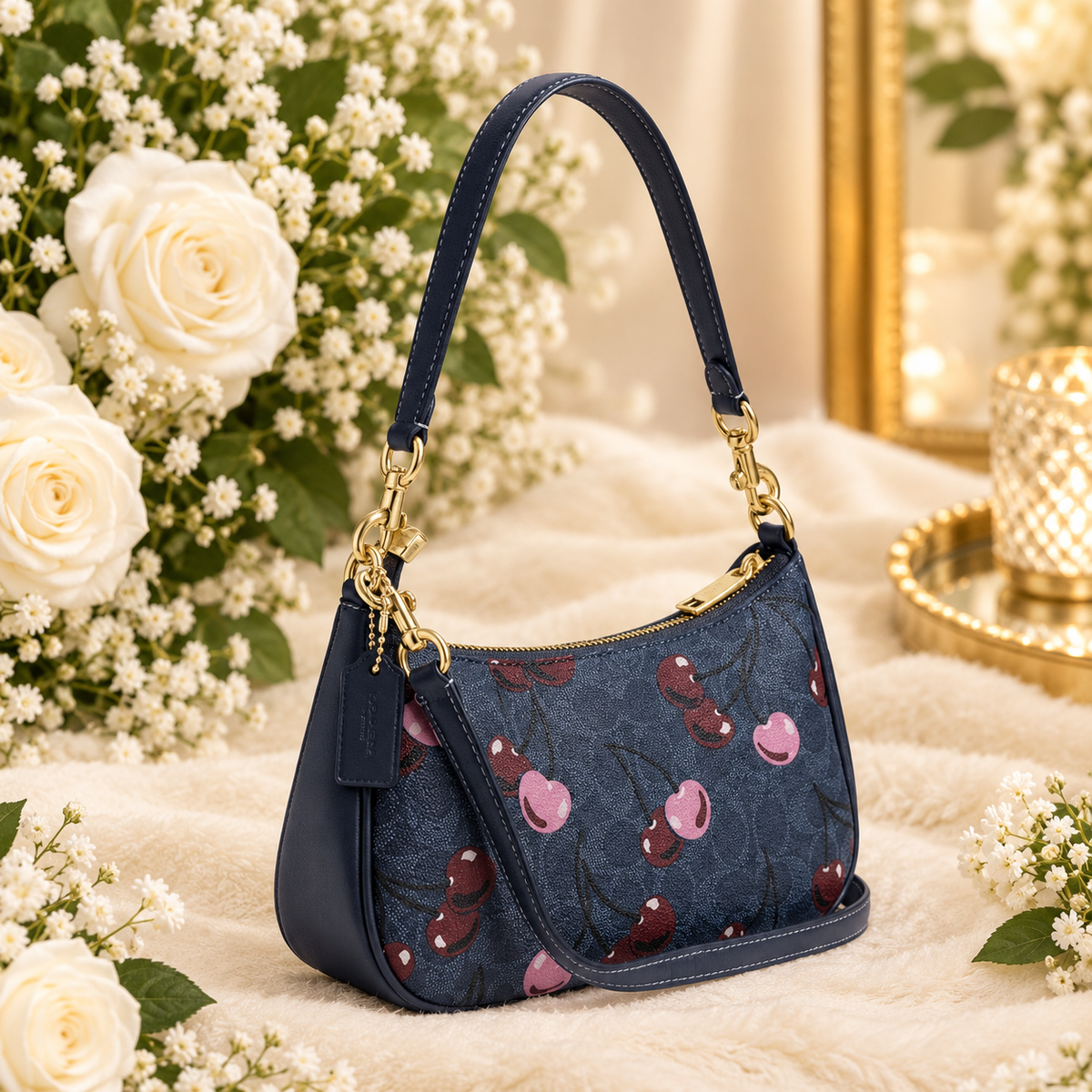 COACH CY694 Teri Shoulder Bag Signature Canvas Cherry Print Denim Blue Outlet