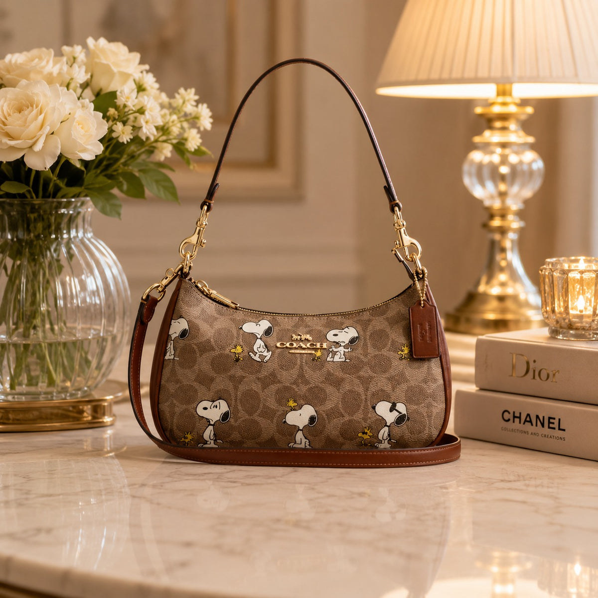 COACH x PEANUTS Teri CBJ88 Shoulder Bag Tan Brown Snoopy Print Signature Canvas