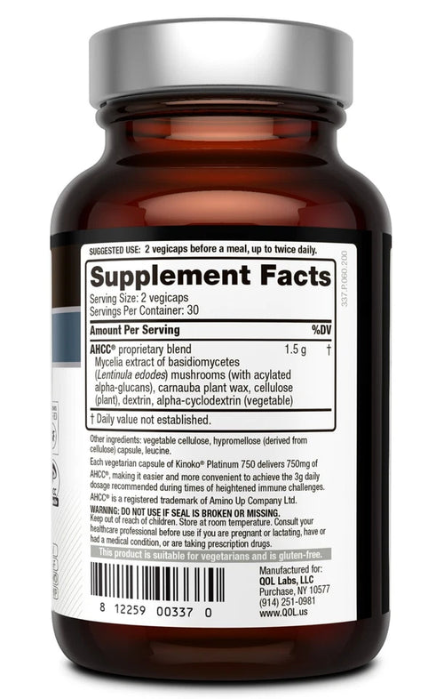 Kinoko Platinum AHCC 750 mg - Immune Supplement - Quality of Life - 60 Count