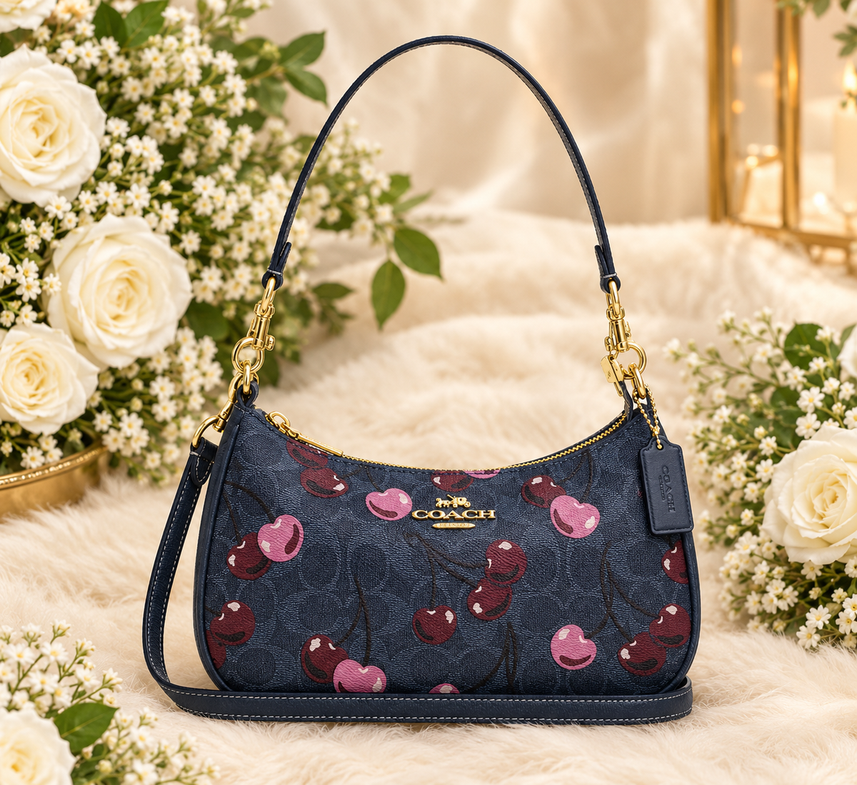 COACH CY694 Teri Shoulder Bag Signature Canvas Cherry Print Denim Blue Outlet