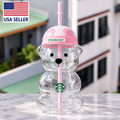 Bear Shaped Glass Tumbler, Pink Soccer Ball Lid, Striped Straw, Reusable Drink Cup