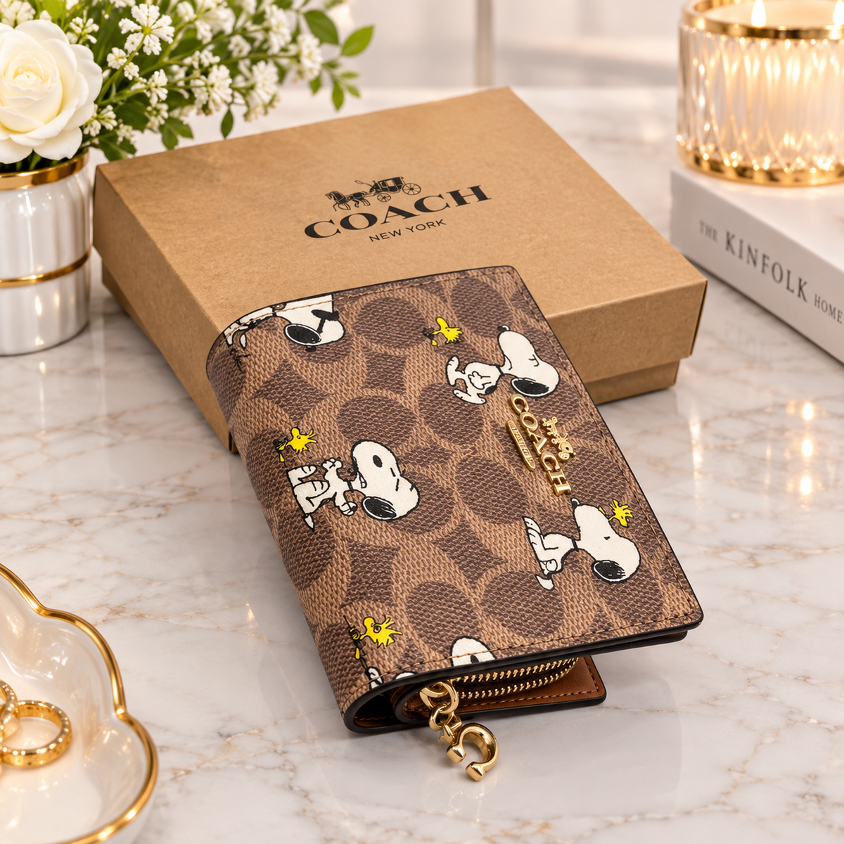 NWT Coach X Peanuts Snap Wallet In Signature Canvas With Snoopy Print CBN32