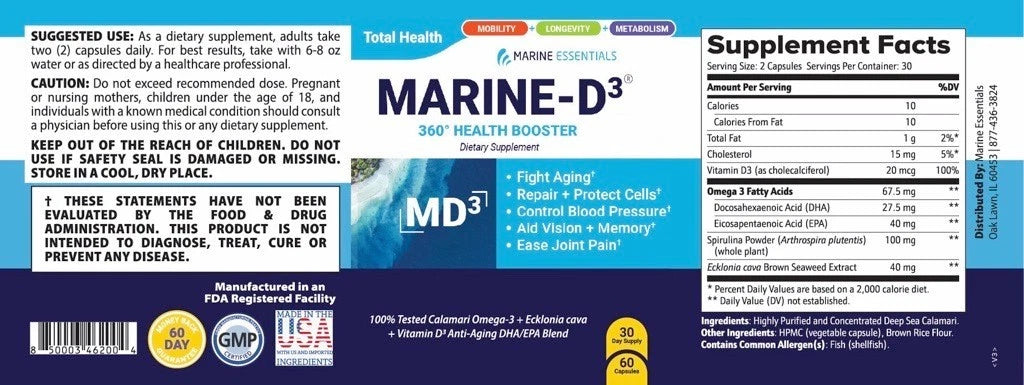 Marine Essentials | Marine-D3 | Anti-Aging | Omega-3 | 1 Bottle (60 Capsules)