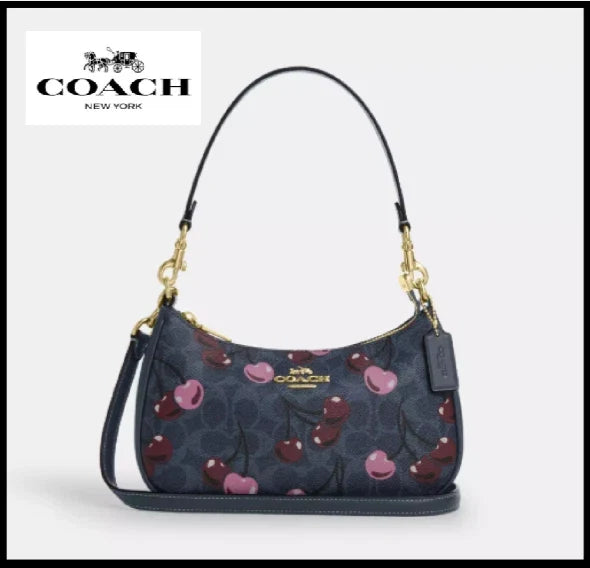 COACH CY694 Teri Shoulder Bag Signature Canvas Cherry Print Denim Blue Outlet