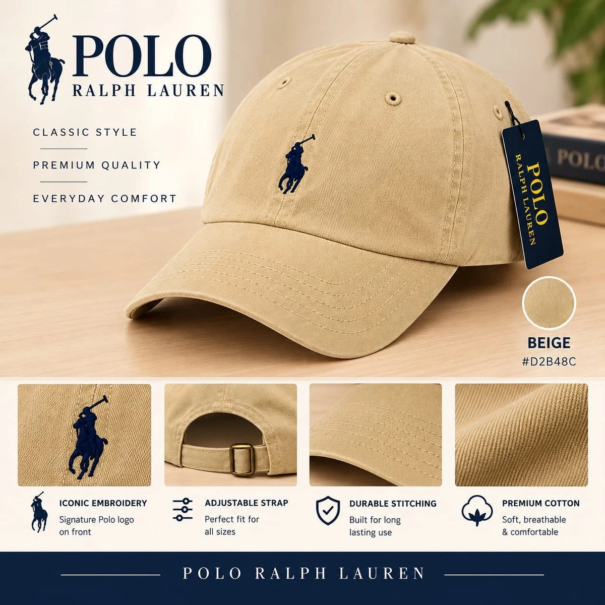 Polo Ralph Lauren Men’s Beige Cotton Baseball Cap Adjustable Classic Polo Hat