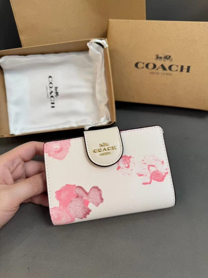 Coach Medium Corner Zip Wallet With Floral Print White/Pink