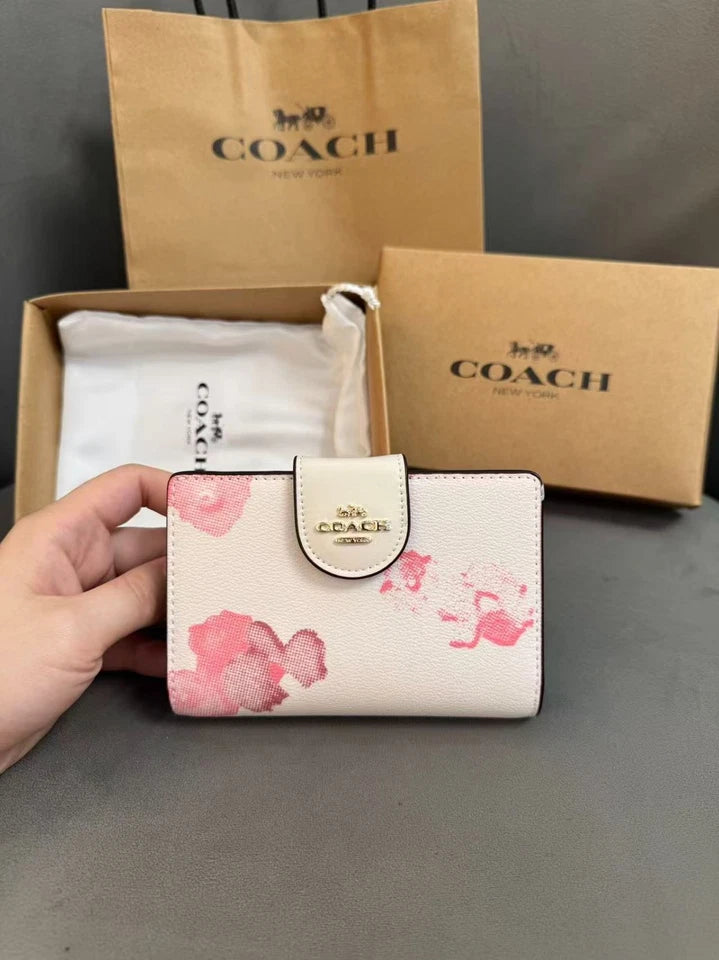 Coach Medium Corner Zip Wallet With Floral Print White/Pink