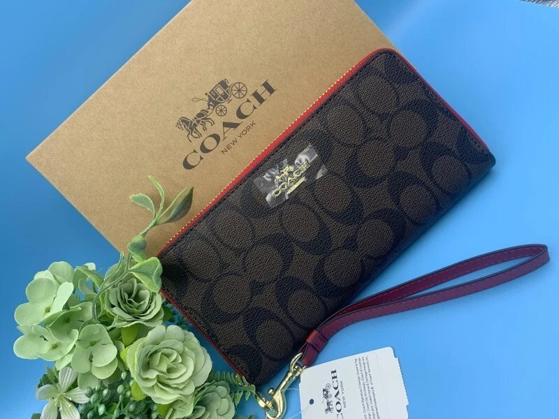 COACH C4452 C154 Signature Canvas Long Wallet with Strap Zip Gold Tone