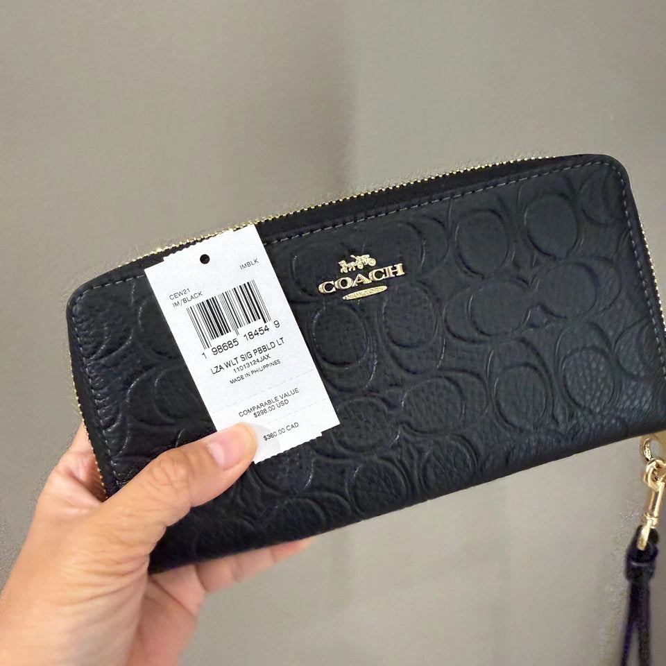 Coach CEW21 Long Zip Around Wallet In Signature Leather Gold/Black