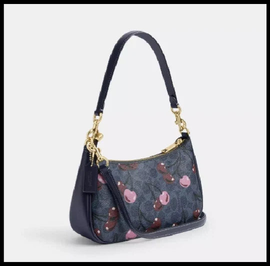 COACH CY694 Teri Shoulder Bag Signature Canvas Cherry Print Denim Blue Outlet