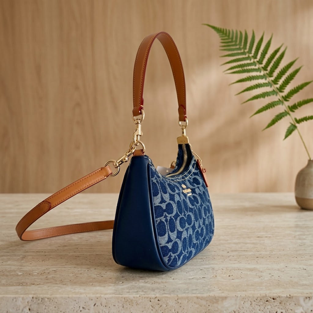 COACH CAF82 Teri Shoulder Crossbody Bag Signature Denim Blue Shoulder Strap NEW